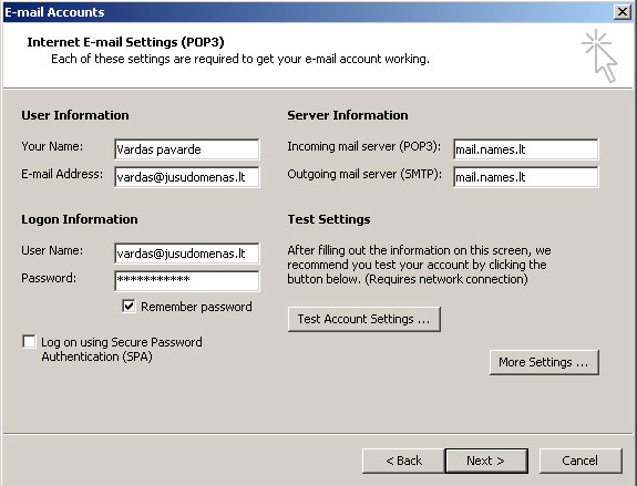 E-mail setup MS OUTLOOK